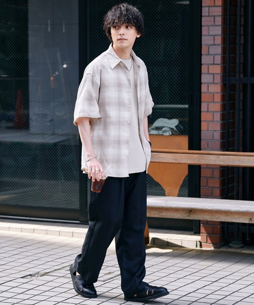長袖シャツ　オンブレチェック　ゆるダボ　白　黒　古着 retock's】ロゴ刺繍 オンブレチェック ビッグシルエット長袖