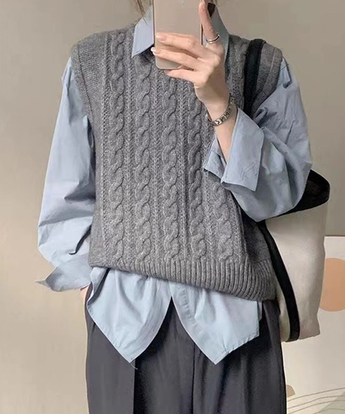 Dewlily ベスト ジレ ケーブル編みニットベスト レディース