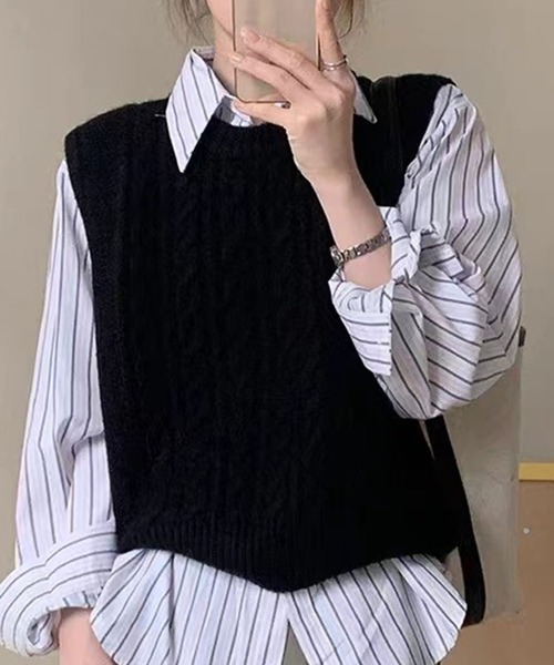 DIESEL ケーブル編みニットベスト M ブラック/ベージュ Dewlily ベスト ジレ ケーブル編みニットベスト レディース : ZOZOTOWN