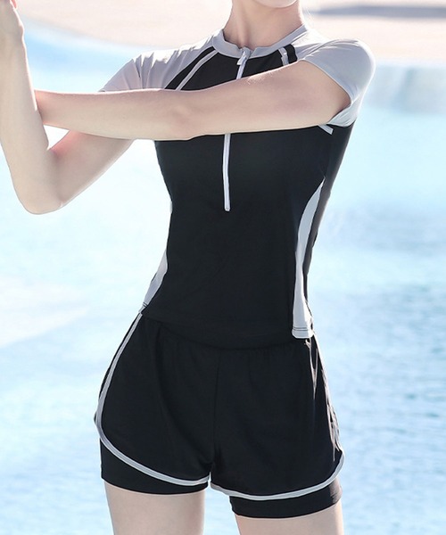 Dur Doux ビキニ ラッシュガード ハイウエスト 半袖 トップス Lace Ladies 水着 「2点セット」 バイカラー カップ付き 半袖