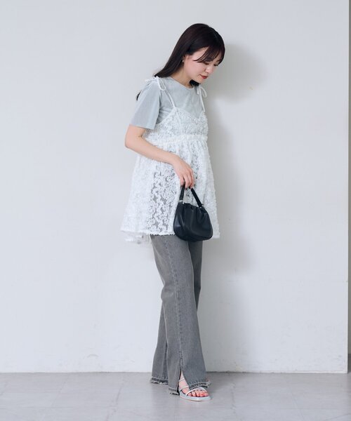 【前後2way】ウェーブ刺繍チュールチュニック　未使用新品　オフホワイト セール】【前後2WAY】ウェーブ刺繍チュールチュニック