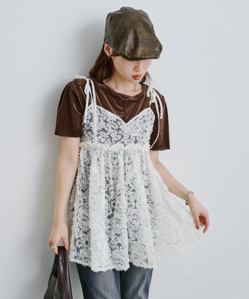 ウェーブ刺繍チュールチュニック 前後2WAY ホワイト Kastane チュニック 「前後2WAY」ウェーブ刺繍チュール