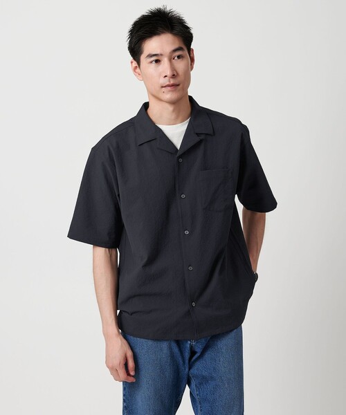【green label relaxing】半袖シャツ バンドカラー ネイビー セール】WONDER CLOTH バンドカラー 半袖 シャツ -ストレッチ