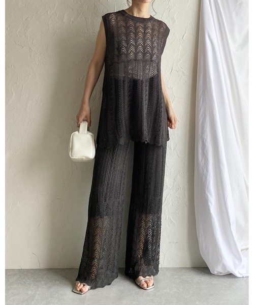 お値下げM.&KYOKO定番品すそレーシーニットパンツライトグレージュ未使用美品 She's Closet パンツ 「低身長向けサイズあり」クロシェ透かし
