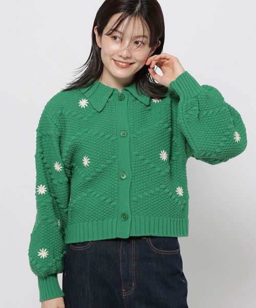 【ワンダフルワールド】花モチーフ付きライトグリーンカーディガン フラワー手刺繍カーディガン(グリーン) - seventen