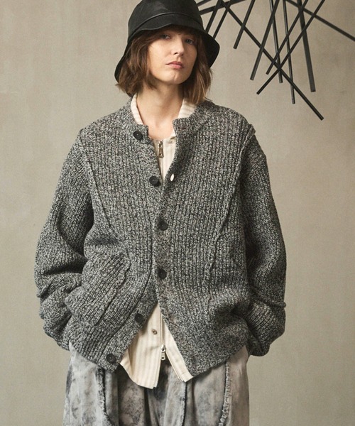 【2点セット】Gideon Oberson カーディガン パレオ ざっくり編み セール】《UNISEX》Prime-Over Sheer Border V-Neck Knit