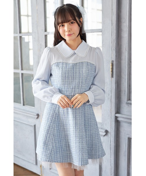 Suyunn ワンピース 2WAYリボン付きラメツイードドッキング