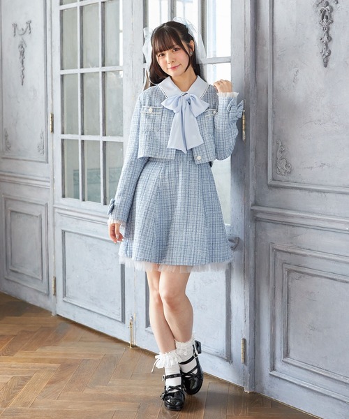 Suyunn ワンピース 2WAYリボン付きラメツイードドッキング