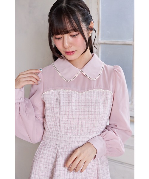 Suyunn ワンピース 2WAYリボン付きラメツイードドッキング