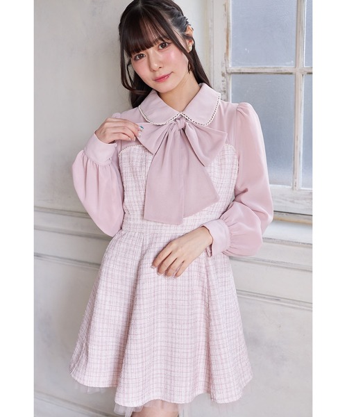 Suyunn ワンピース 2WAYリボン付きラメツイードドッキング