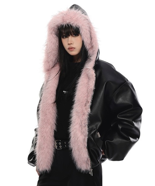 mushwear ボリュームファーフード付きショートブルゾン 短丈 y2k mushwear（マッシュウェア） ブルゾン アウター ボリュームファー