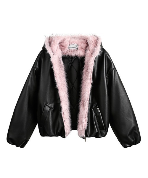 mushwear ボリュームファーフード付きショートブルゾン 短丈 y2k mushwear（マッシュウェア） ブルゾン アウター ボリュームファー