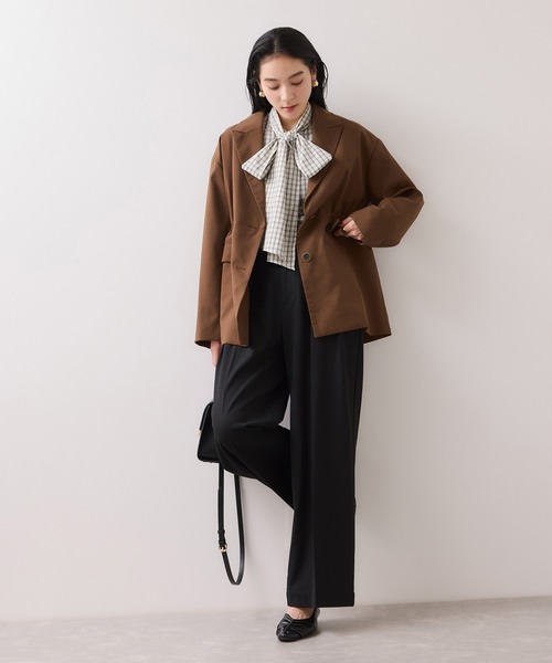 ブラウス シャツ チェック＆デニムアソートボウタイリボン付きスタンドカラーシャツ レディース