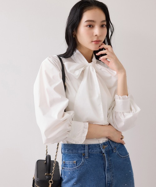 VIS（ビス） ブラウス シャツ チェック＆デニムアソートボウタイリボン