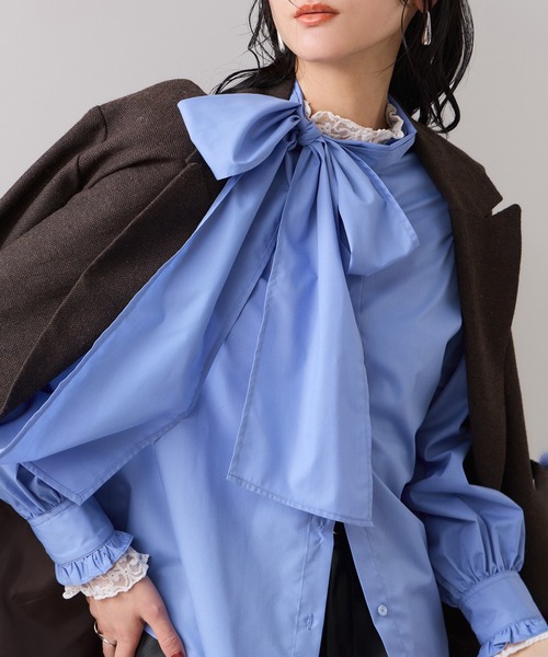 ブラウス シャツ チェック＆デニムアソートボウタイリボン付きスタンドカラーシャツ レディース