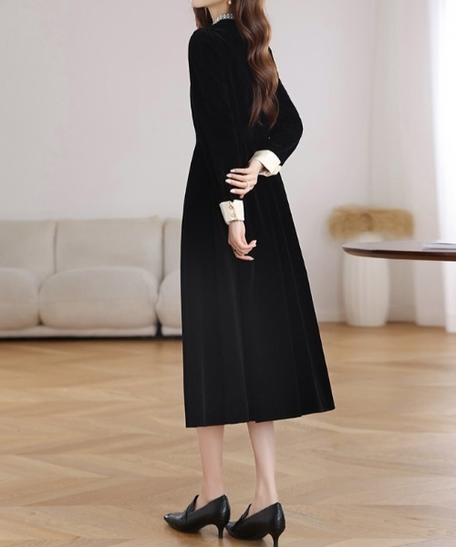 Diosfront ワンピース 袖配色襟パールデザインベロアワンピース