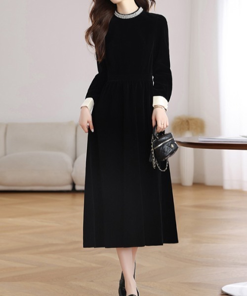 Diosfront ワンピース 袖配色襟パールデザインベロアワンピース