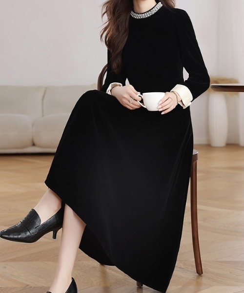 Diosfront ワンピース 袖配色襟パールデザインベロアワンピース