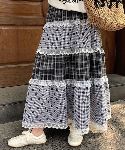 Polka Dot Frilled Skirt レース　スカート inst.ALL ロング スカート チェック×ドット柄レースティアードスカート