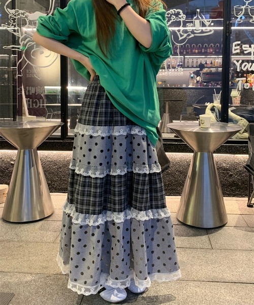 inst.ALL ロング スカート チェック×ドット柄レースティアードスカート
