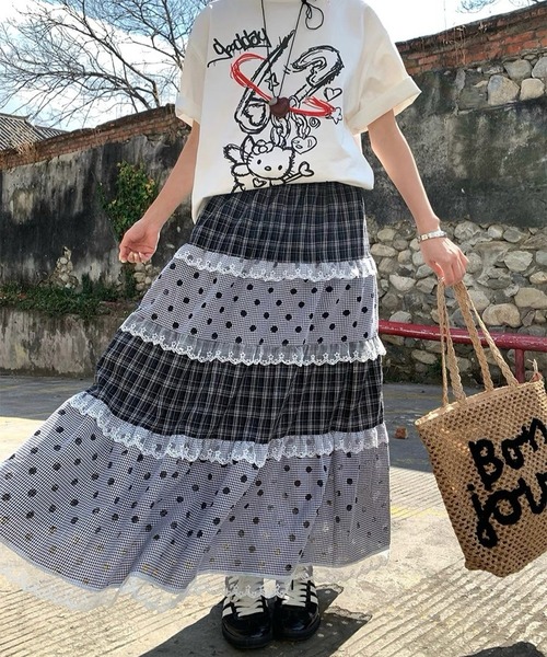 inst.ALL ロング スカート チェック×ドット柄レースティアードスカート