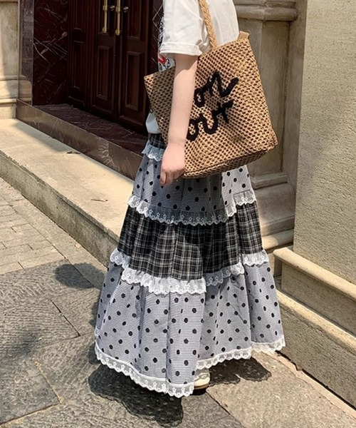 inst.ALL スカート チェック×ドット柄レースティアードスカート