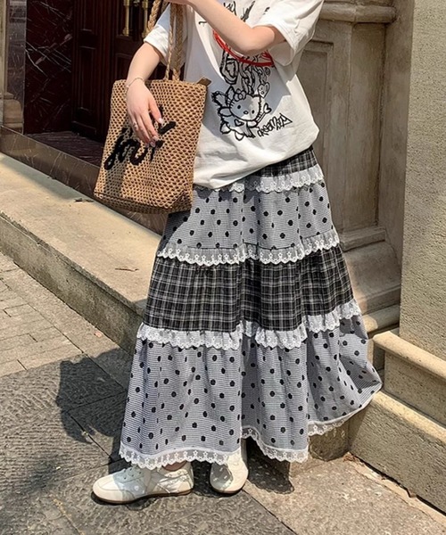 inst.ALL スカート チェック×ドット柄レースティアードスカート