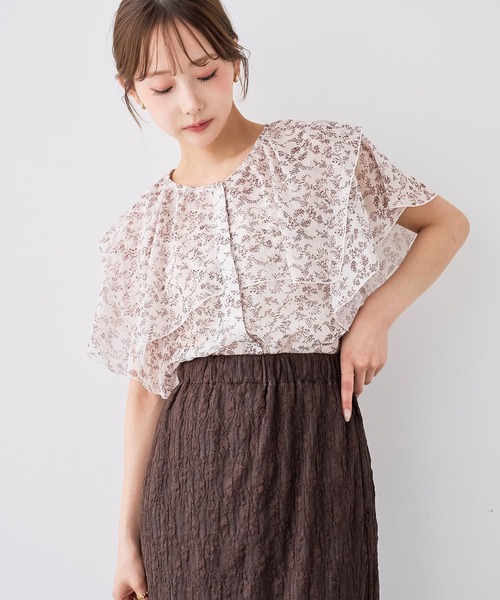 シ*ク様 うさと　リネン アイボリー 半袖 フレアトップス mil（ミル） リネンシャツ ブラウス シャツ 夏 半袖 ラッフルカラー