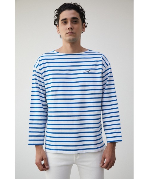 【美品】45R カットソー トップス ボーダー ブルー 青 長袖 AZUL BY MOUSSY tシャツ ELBOW PATCH BORDER TOPS/エルボー