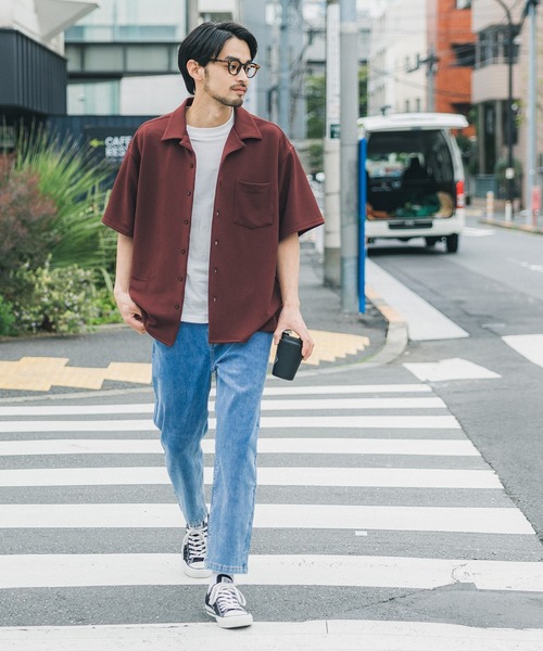 coca シャツ ブラウス メンズエンボス開襟半袖シャツ メンズ