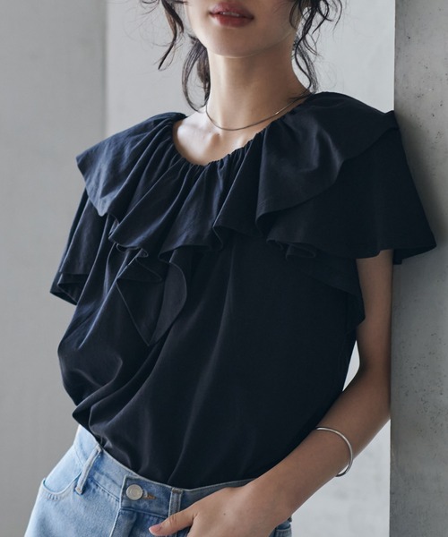 RANAN（ラナン） tシャツ 半袖 「接触冷感」ビックフリルカラーTシャツ