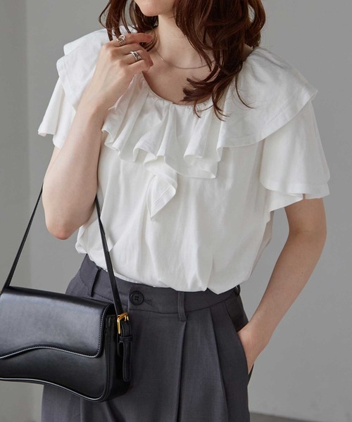 tシャツ フリルカラーフラワーTEE レディース RANAN tシャツ 「綿100％/接触冷感」ビックフリルカラーTシャツ