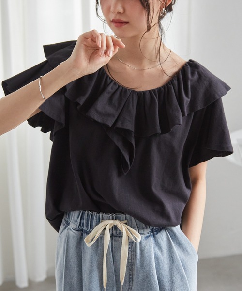 RANAN（ラナン） tシャツ 半袖 「接触冷感」ビックフリルカラーTシャツ