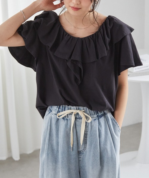 RANAN（ラナン） tシャツ 半袖 「接触冷感」ビックフリルカラーTシャツ