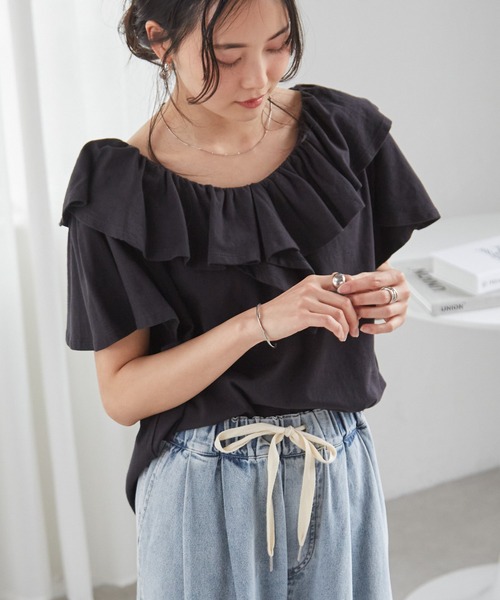 RANAN（ラナン） tシャツ 半袖 「接触冷感」ビックフリルカラーTシャツ