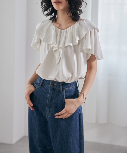 RANAN（ラナン） tシャツ 半袖 「接触冷感」ビックフリルカラーTシャツ