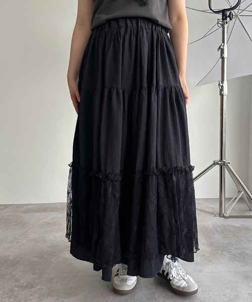 【超美品】FOXEY レースチュール華やかティアードスカート ブラック 40 apres jour mignon（アプレジュールミニョン） スカート レース付き