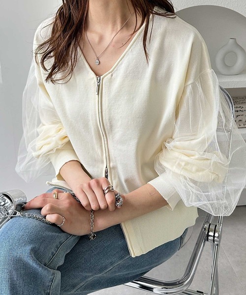 GeeRA（ジーラ） カーディガン チュール袖ダブルジップカーディガン