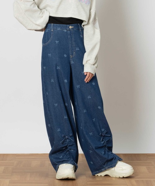 Right-on パンツ 「VIVIAN BLUE」リボン抜染デニムワイドパンツ