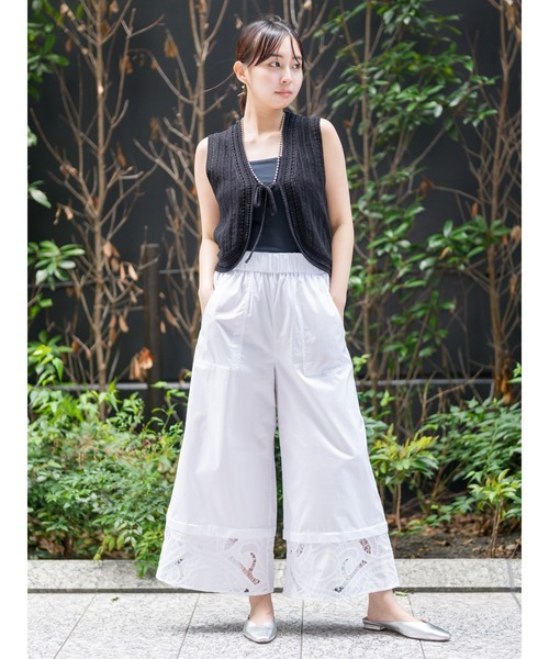 パンツ ハイライズ ワイドレッグ エンブロイダリー コットン
