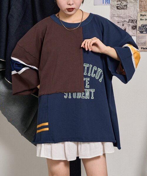 tシャツ 「etsinta/エシンタ」リメイク切替カレッジオーバTEE レディース メンズ etsinta tシャツ 「etsinta/エシンタ」リメイク切替カレッジ