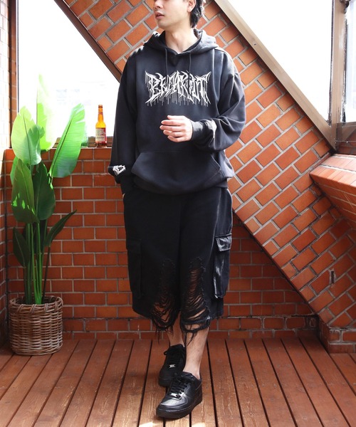 ダメージ加工 ブラック カーゴショートパンツ セール】Clash Denim Cargo Shorts/クラッシュ ダメージ加工