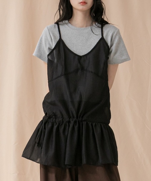 キャミソール シアーペプラムチュニックキャミソールトップス/キャミ 春服 夏服 レイヤード シアー シースルー 韓国 ブラック ホワイト 黒 白 ノー