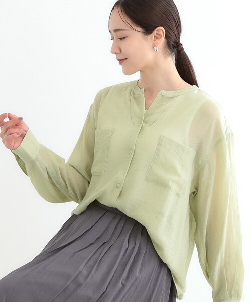 KURASHI&amp;Trips ほどよい透け感のシアーシャツ バンドカラー 903-70903753-X 長袖シャツ カーキ レディース クラシアンドトリップス/北欧、暮らしの道具店【中古】6-0215M∞ KURASHI&Trips ほどよい透け感のシアーシャツ バンドカラー 903