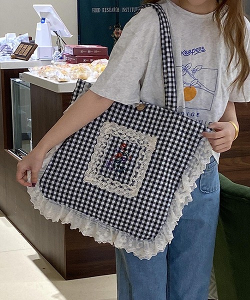 aimoha(アイモハ) トートバッグ レースフリル刺繍トートバッグ aimoha(アイモハ) トートバッグ レースフリル刺繍トートバッグ