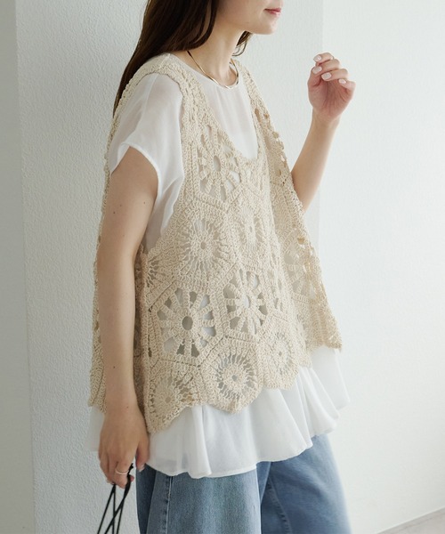 ピュアルセシン かぎ針編み風ビスチェ アイボリー pual ce cin ベスト ジレ かぎ針編み風ビスチェ レディース