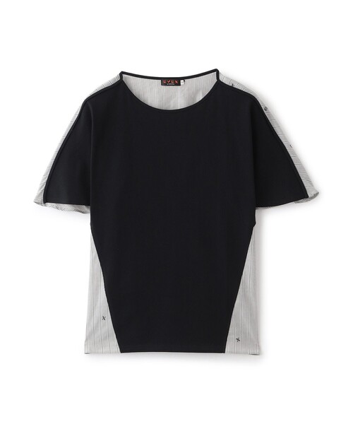 tシャツ 「L」「マシンウォッシャブル」ストライプジャカードコンビカットソー レディース