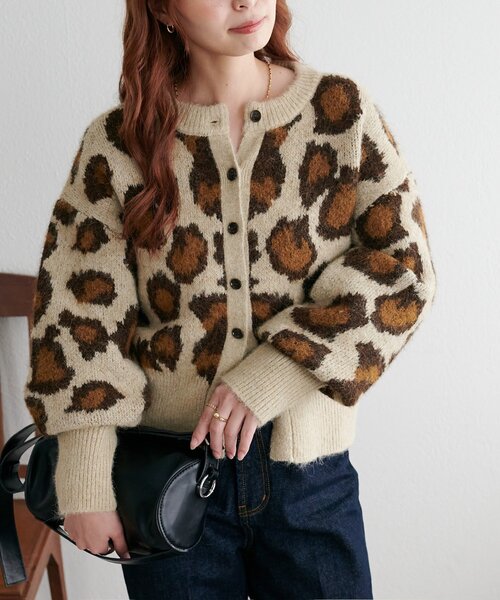 レオナール　カーディガン　毛100% レオパード　ロゴあり PENNEYS 別注 TheFOX レオパード クルー カーディガン