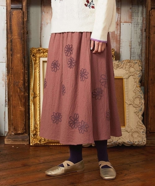 ホコモモラ（JOCOMOMOLA）/Susurrito フラワーモチーフゴムギャザースカート Jocomomola（ホコモモラ） スカート Susurrito フラワーモチーフゴム