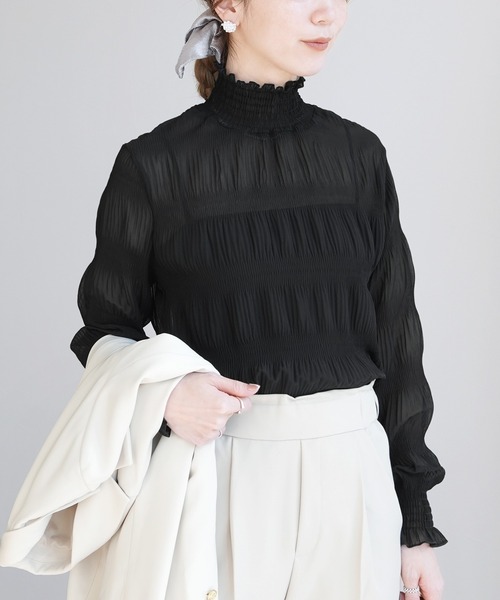 美品 ETICO シアーギャザートップス シャーリング ブラウス ブラック 変形 reca（レカ） ブラウス シャツ 入学式 卒業式 ハイネックシアー